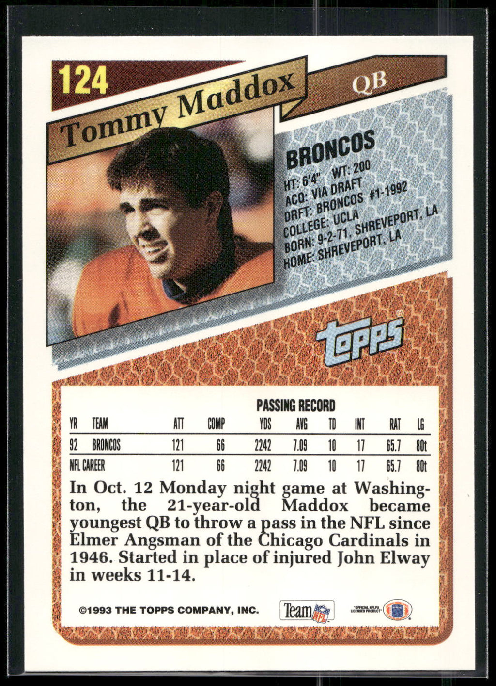 1993 Topps #124 Tommy Maddox