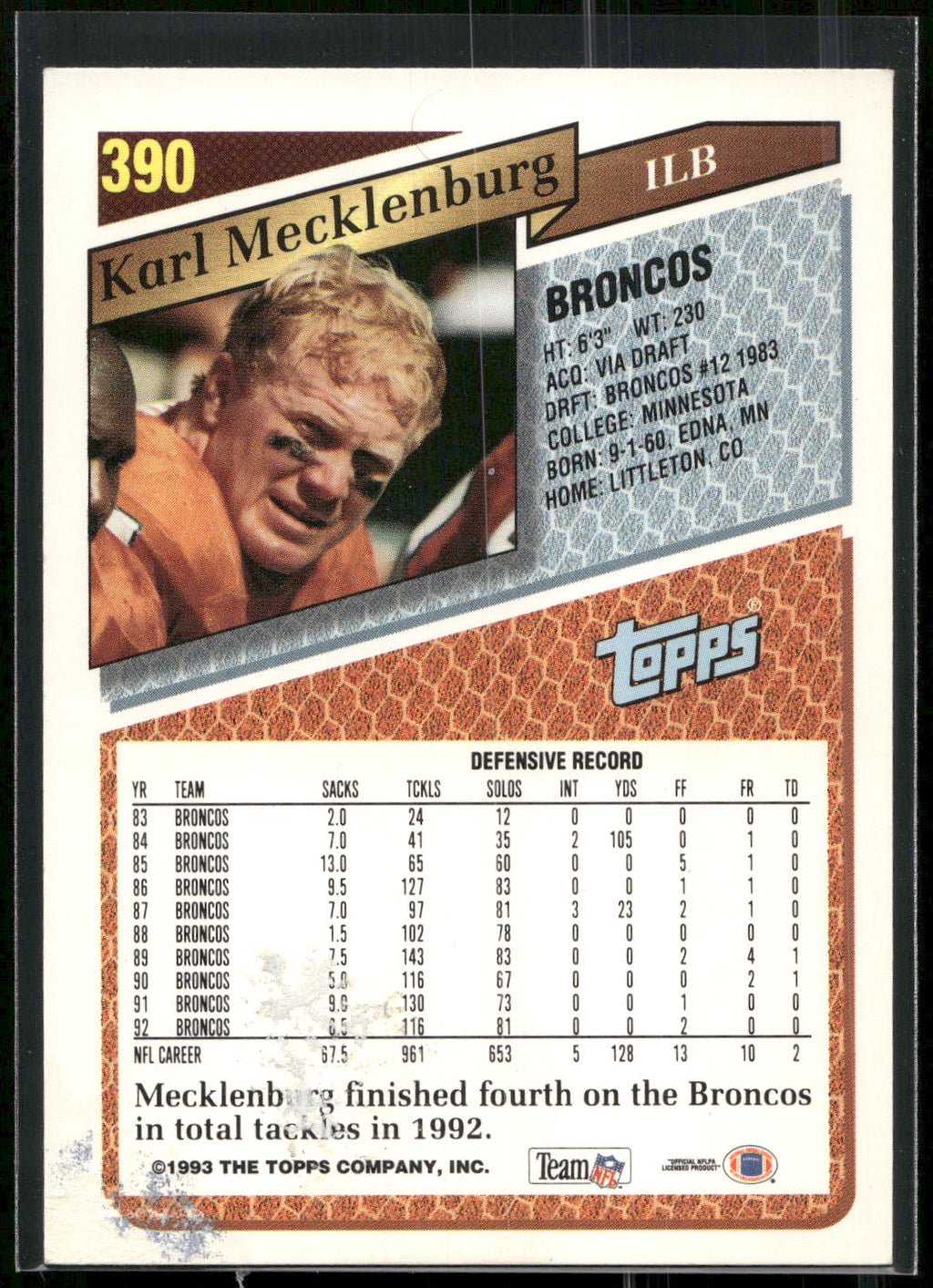 1993 Topps #390 Karl Mecklenburg