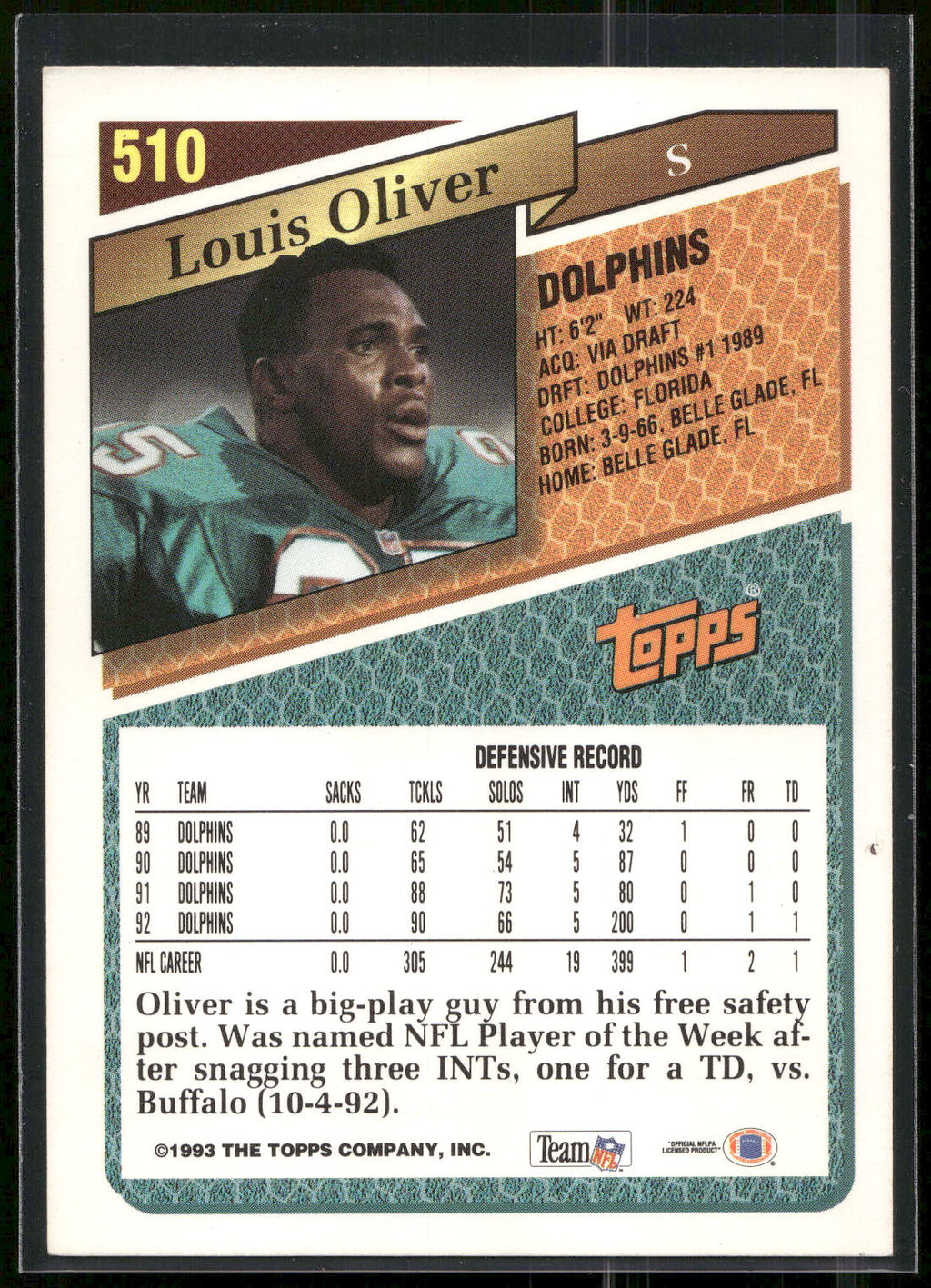 1993 Topps #510 Louis Oliver Gold