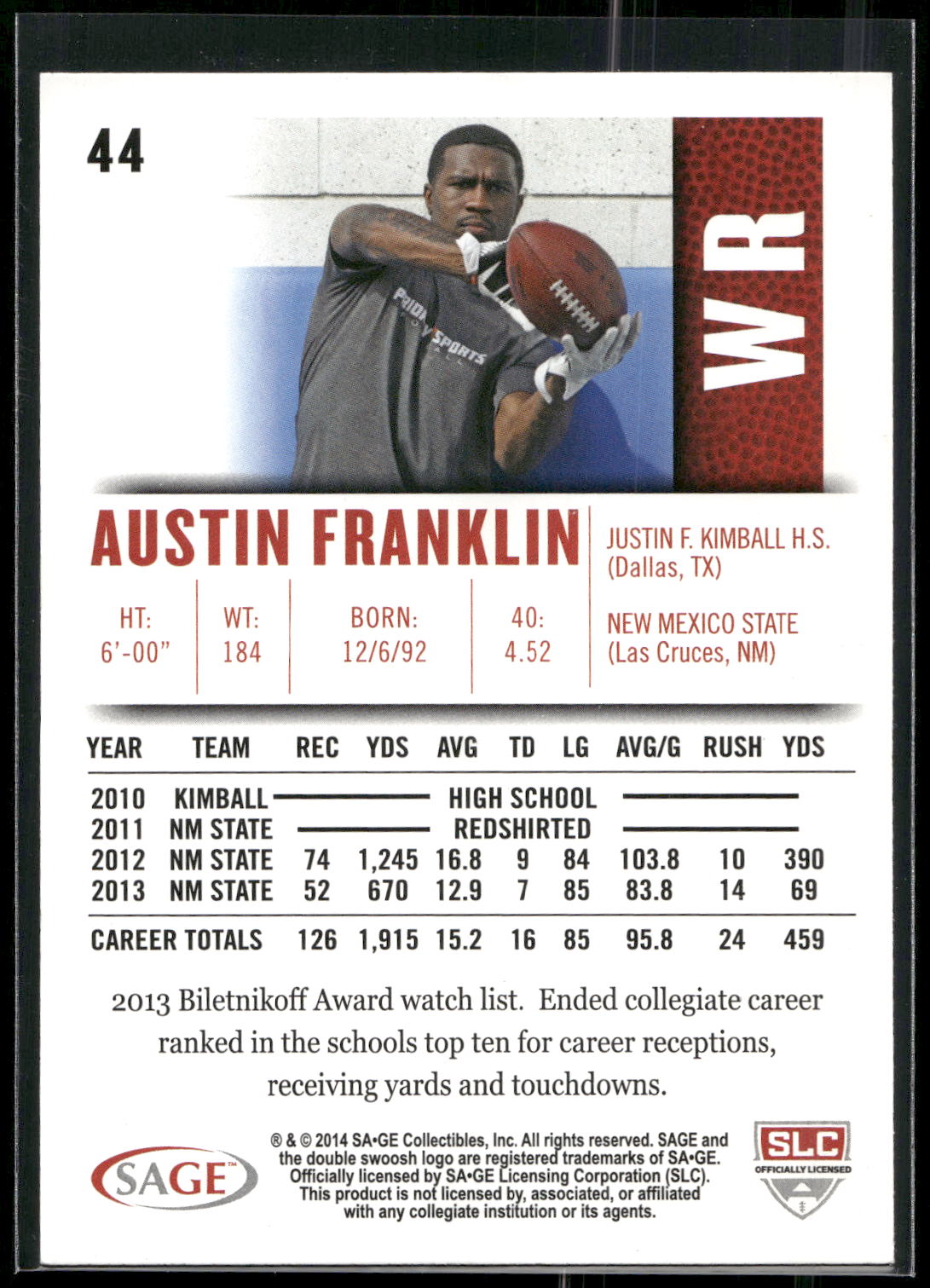2014 SAGE HIT #44 Austin Franklin