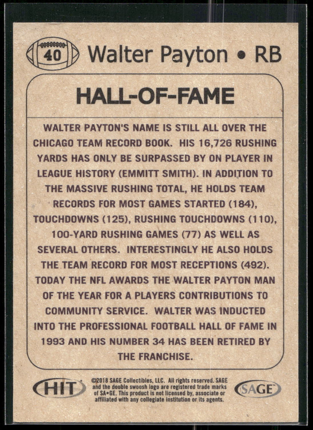 2018 SAGE HIT #40 Walter Payton