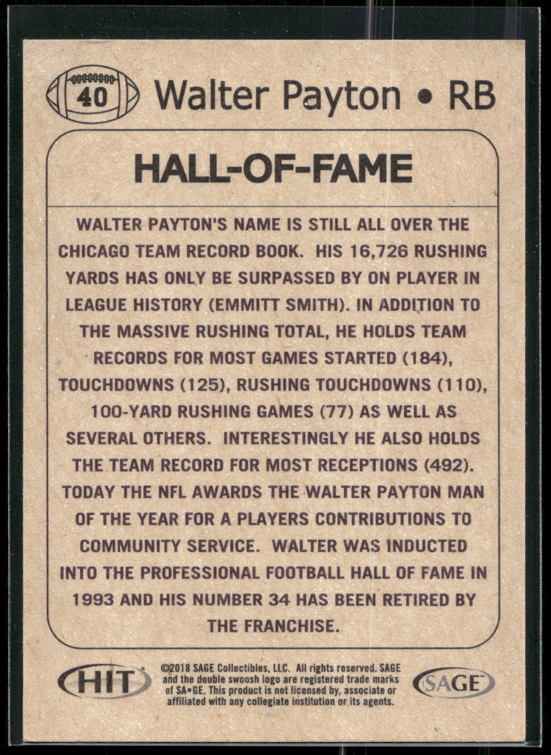 2018 SAGE HIT #40 Walter Payton