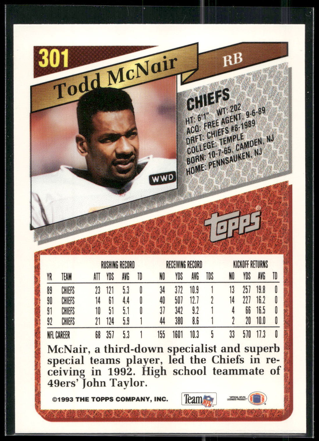 1993 Topps #301 Todd McNair