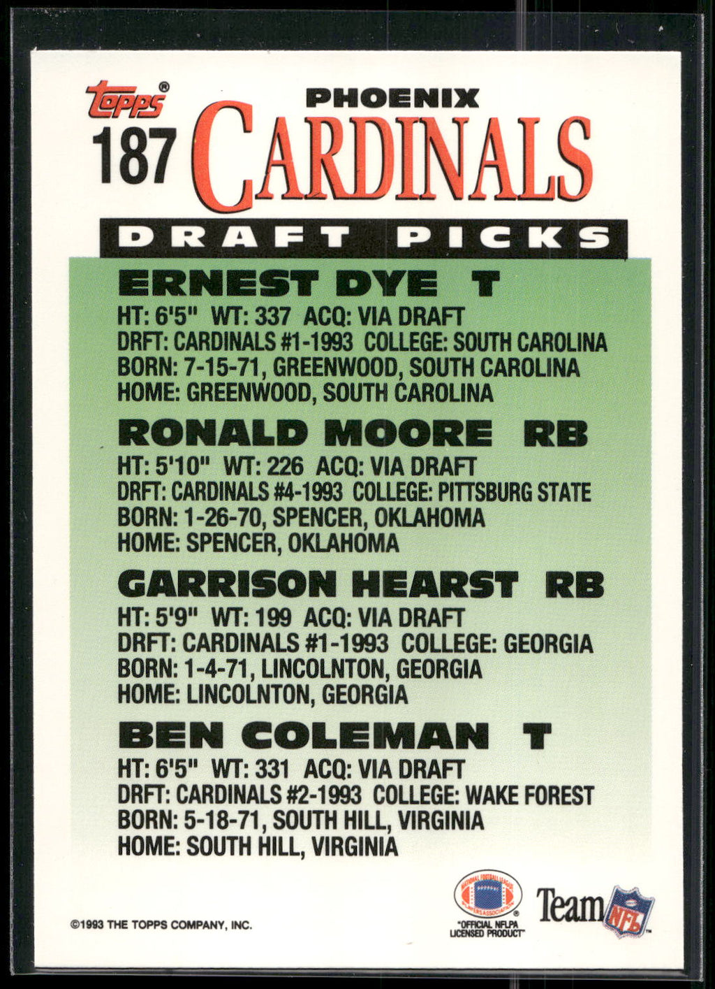 1993 Topps #187 (Ernest Dye / Ronald Moore / Garrison Hearst / Ben Coleman)