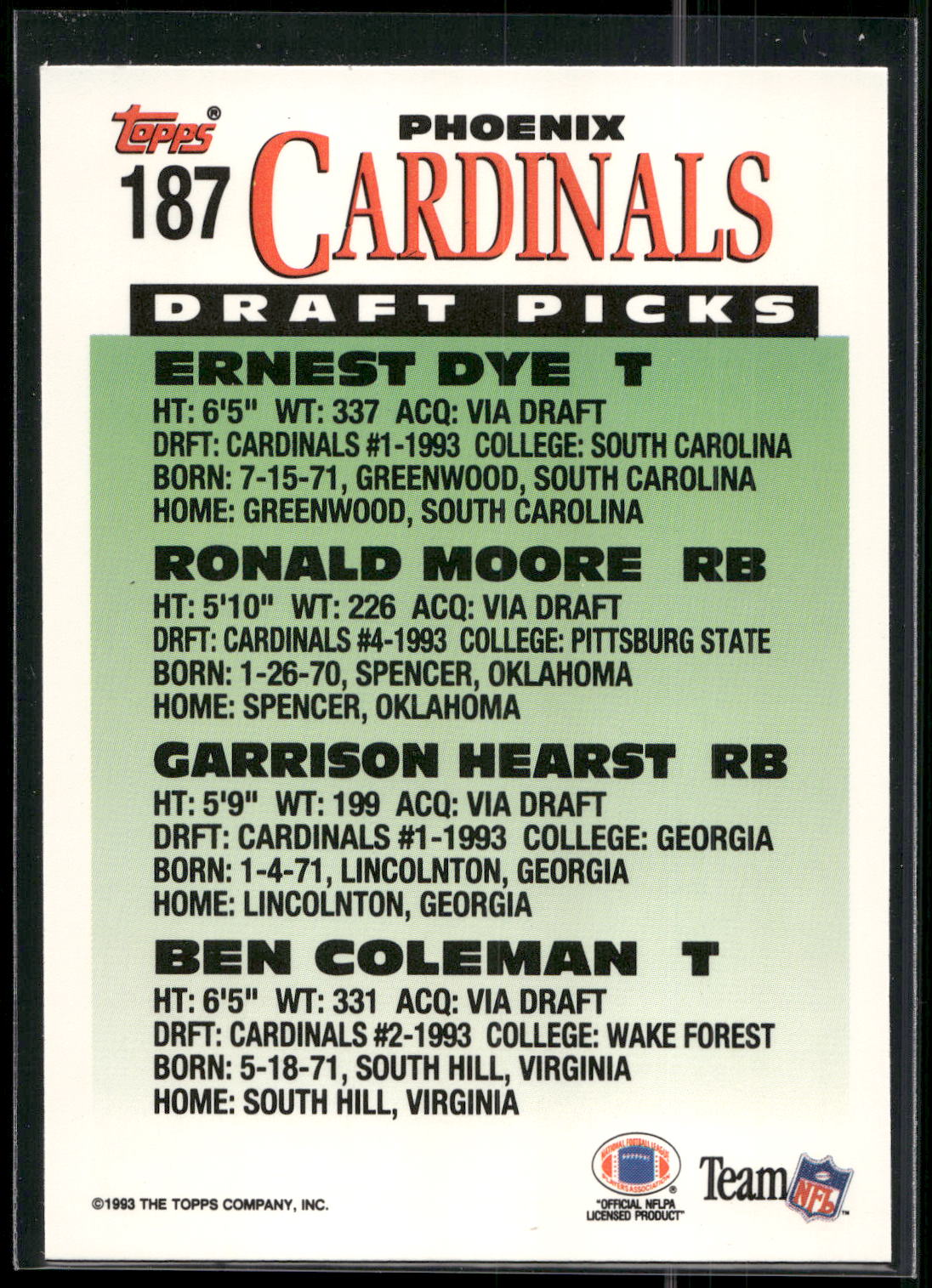 1993 Topps #187 (Ernest Dye / Ronald Moore / Garrison Hearst / Ben Coleman)