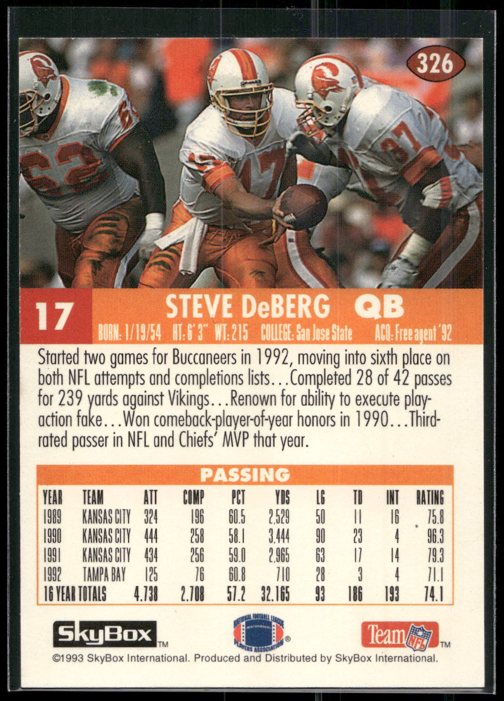 1993 SkyBox Impact #326 Steve DeBerg
