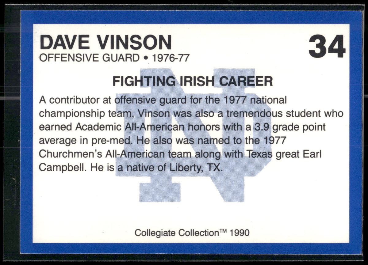 1990 Collegiate Collection Notre Dame #34 Dave Vinson