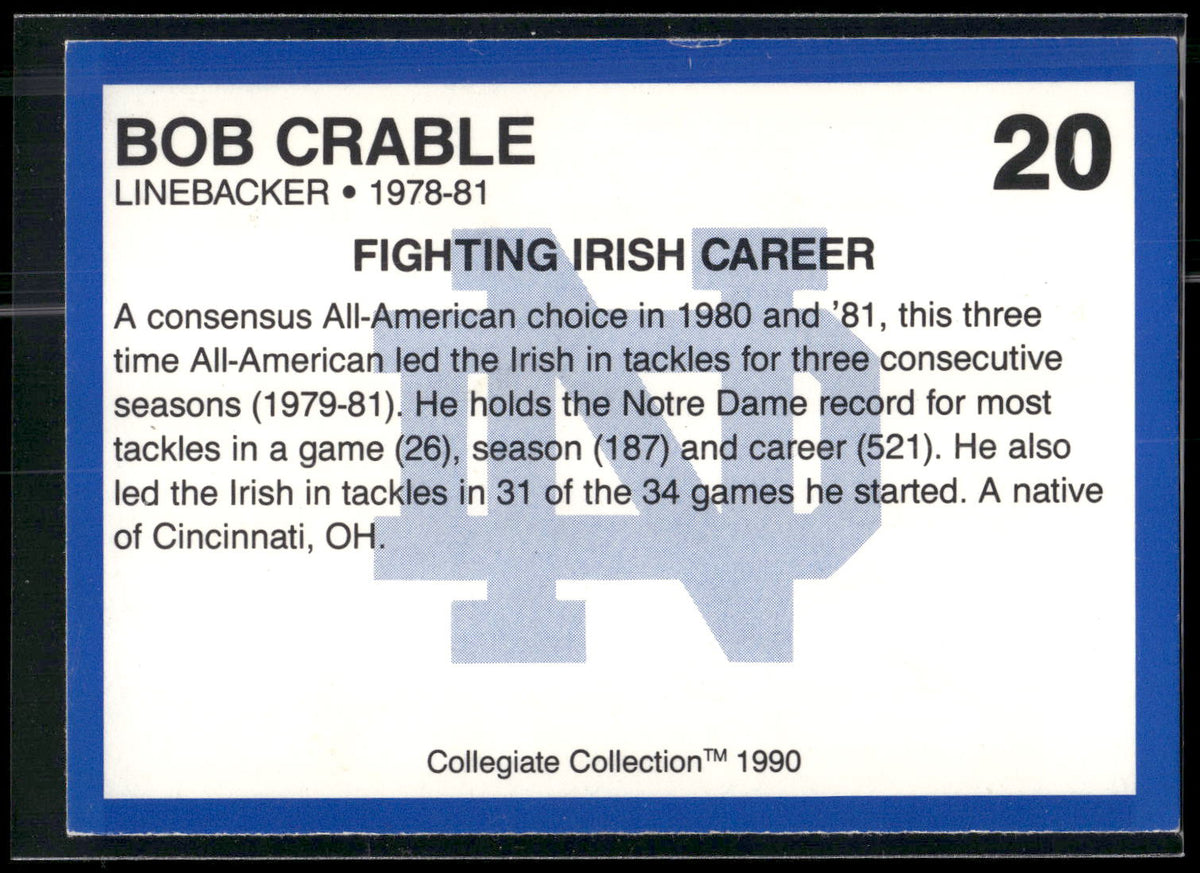 1990 Collegiate Collection Notre Dame #20 Bob Crable