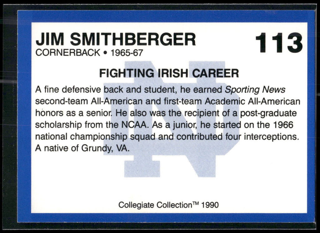 1990 Collegiate Collection Notre Dame #113 Jim Smithberger