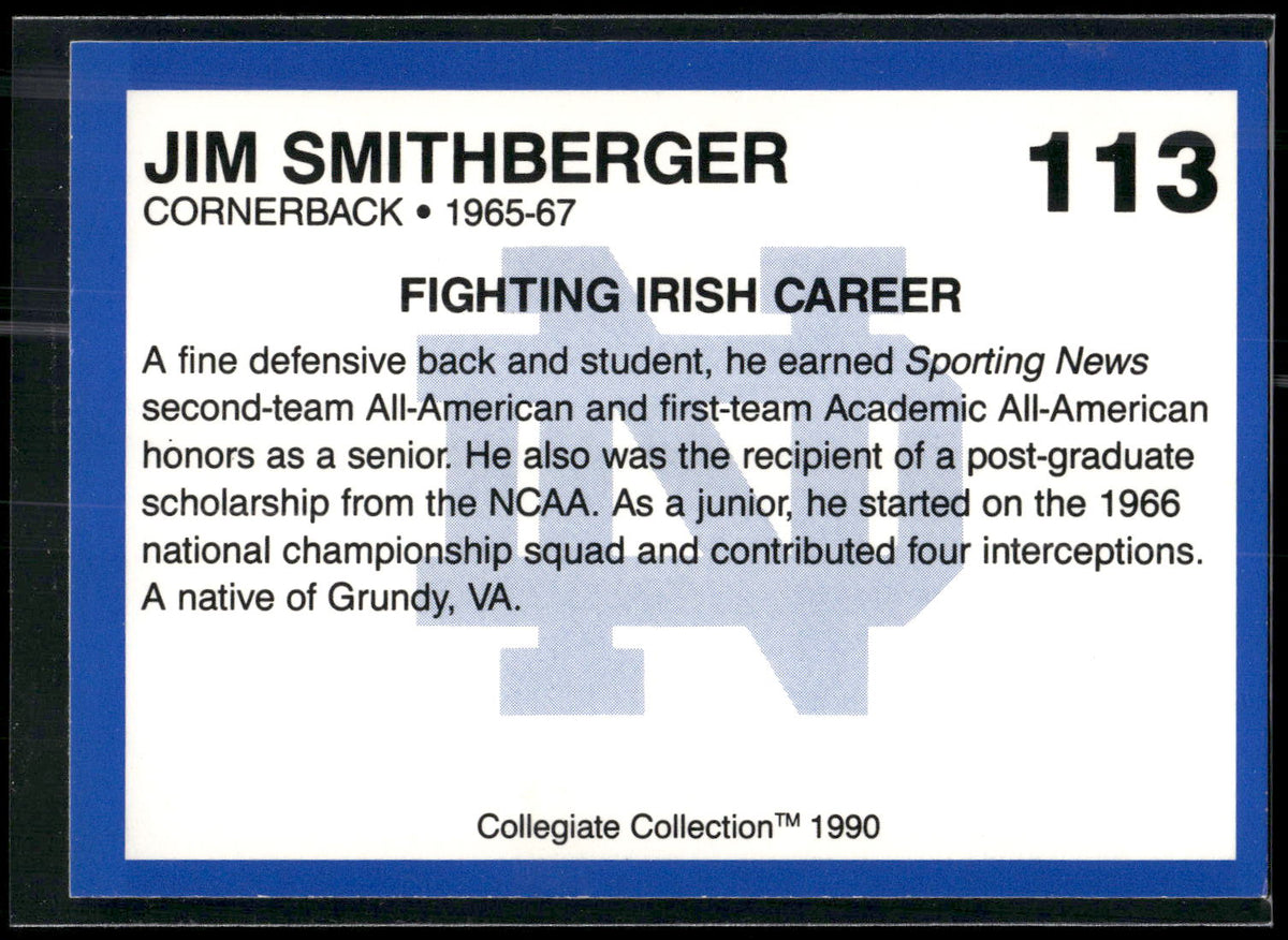 1990 Collegiate Collection Notre Dame #113 Jim Smithberger
