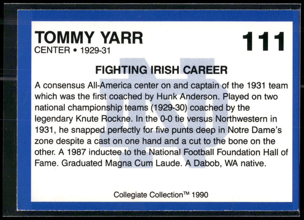 1990 Collegiate Collection Notre Dame #111 Tommy Yarr