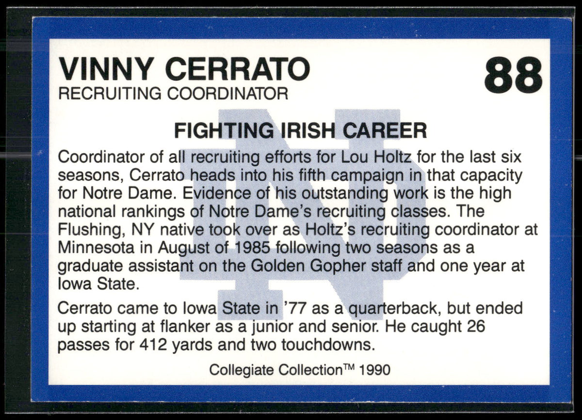 1990 Collegiate Collection Notre Dame #88 Vinny Cerrato