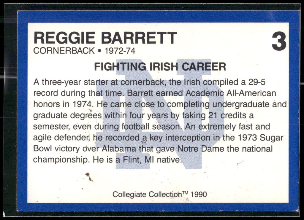 1990 Collegiate Collection Notre Dame #3 Reggie Barrett