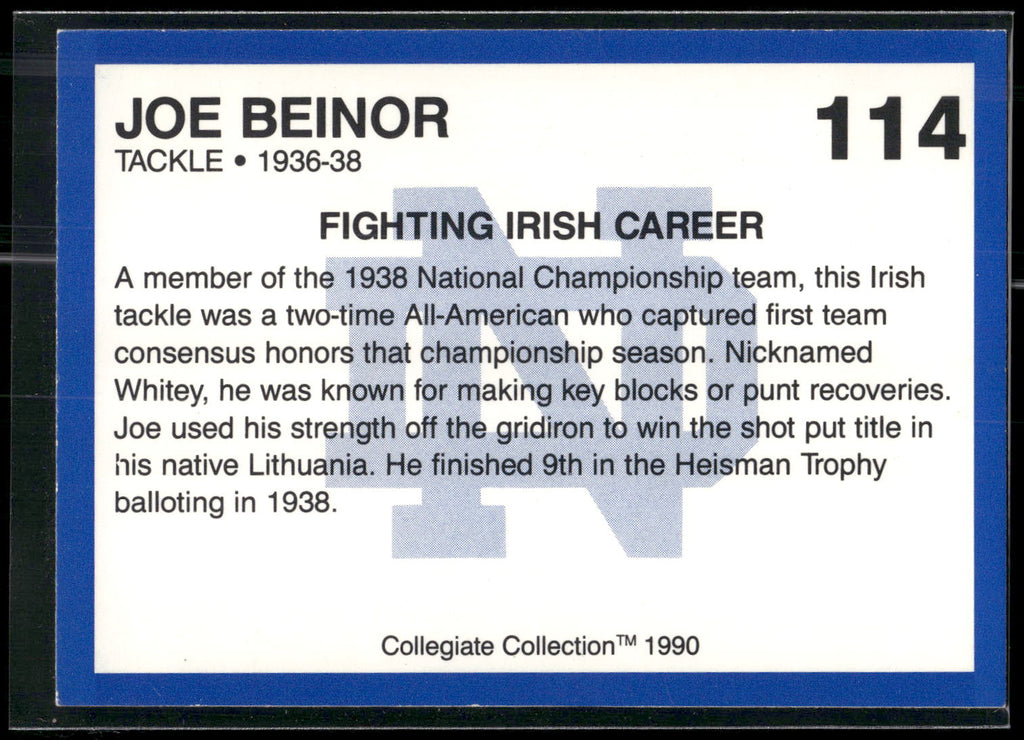 1990 Collegiate Collection Notre Dame #114 Joe Beinor
