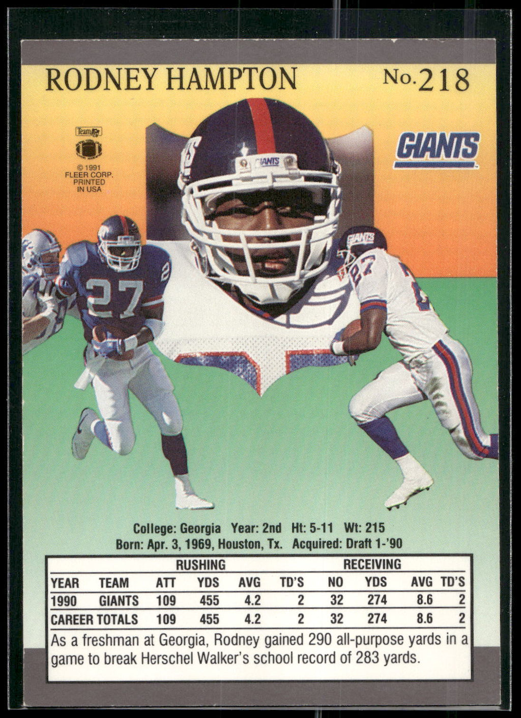 1991 Ultra #218 Rodney Hampton