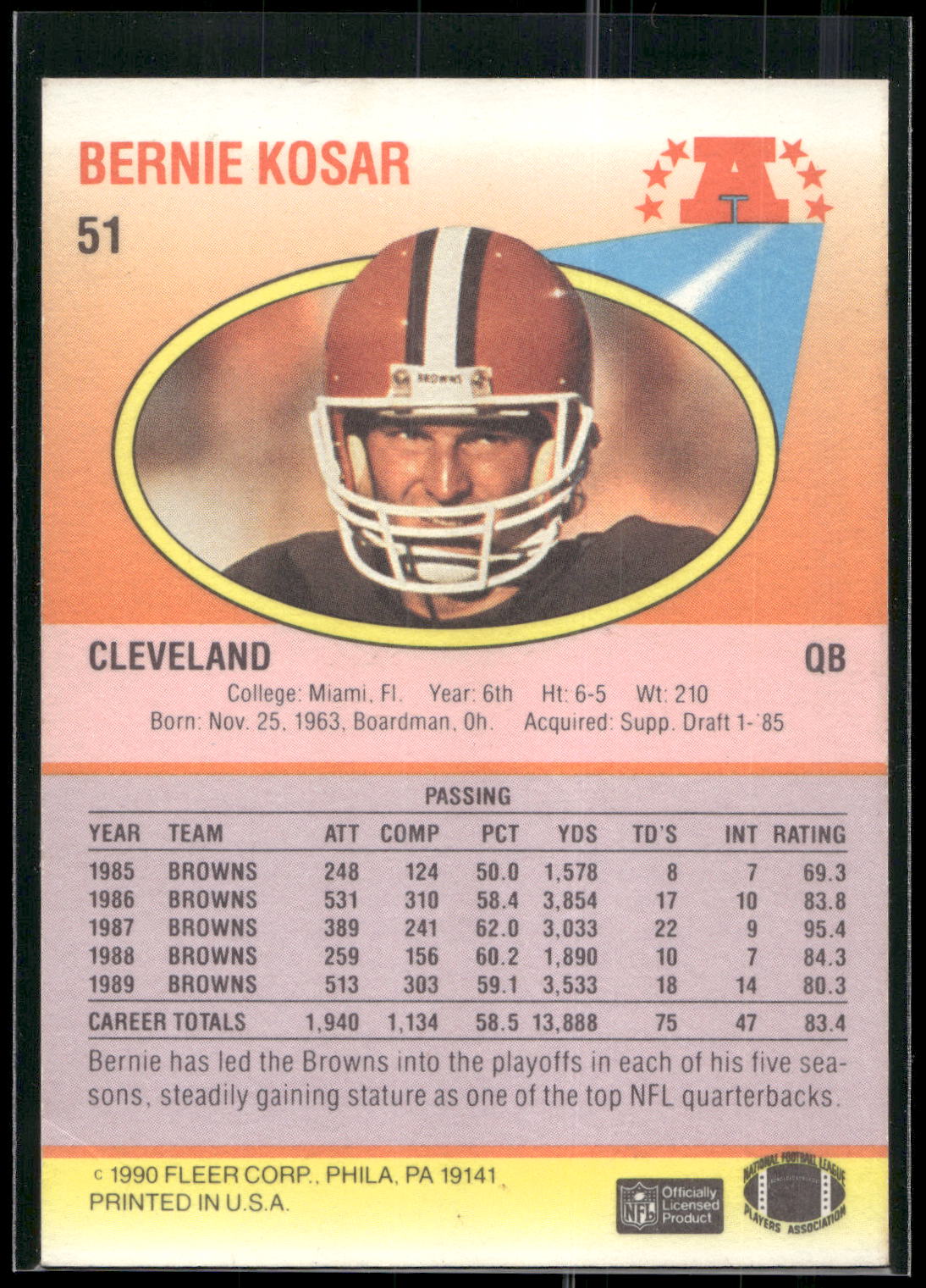 1990 Fleer #51b Bernie Kosar