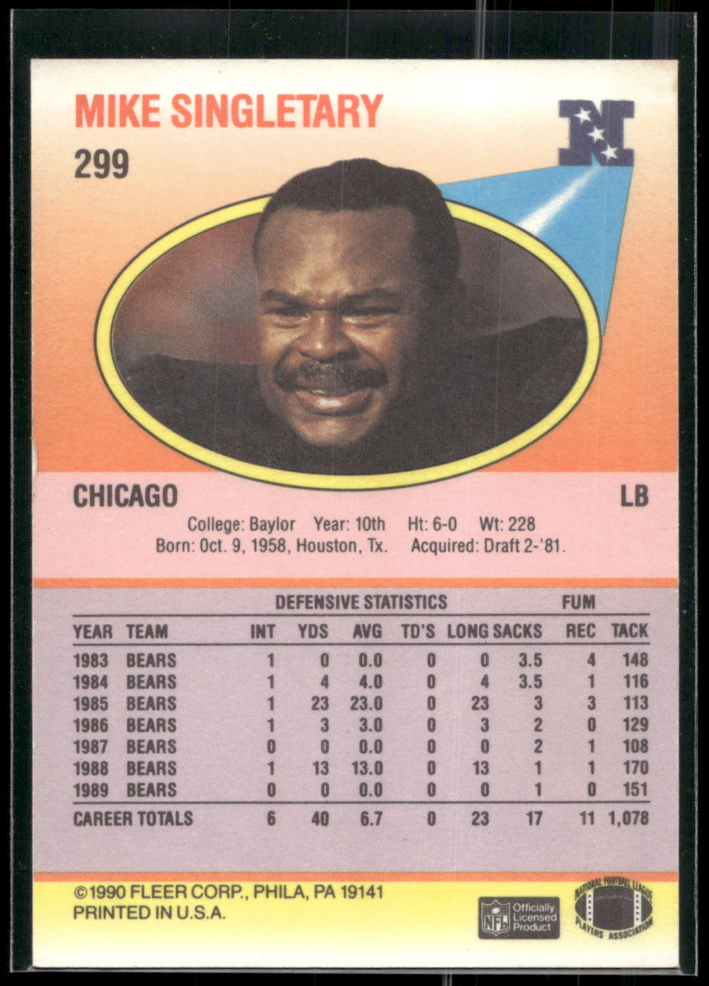 1990 Fleer #299 Mike Singletary