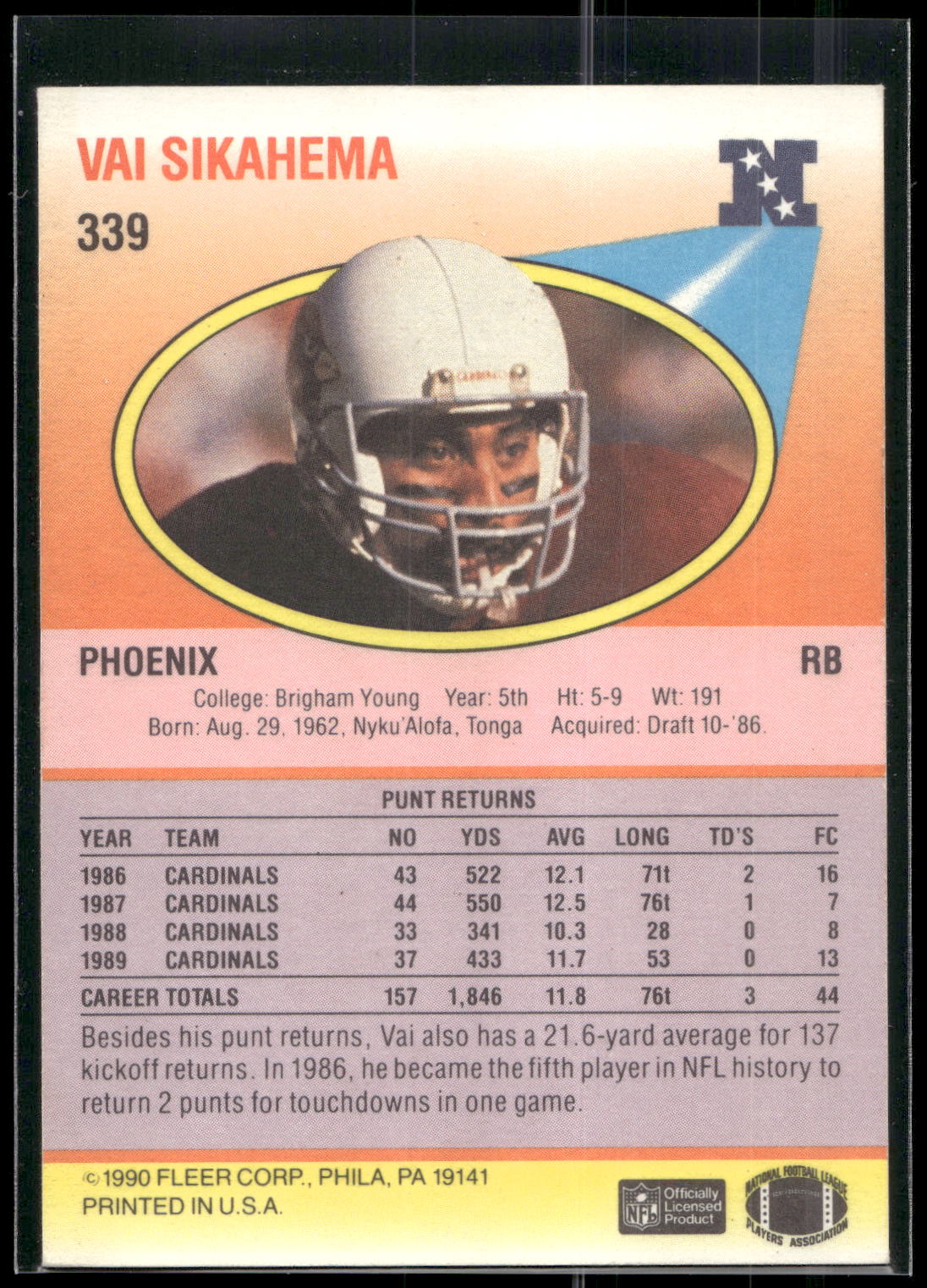 1990 Fleer #339 Vai Sikahema