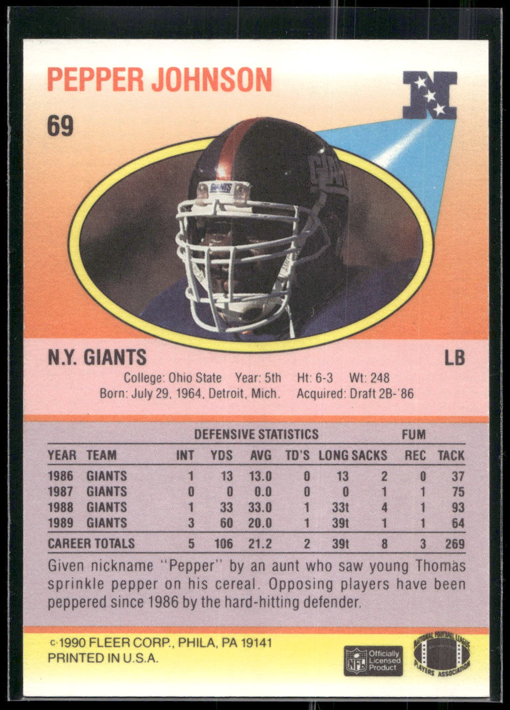 1990 Fleer #69 Pepper Johnson