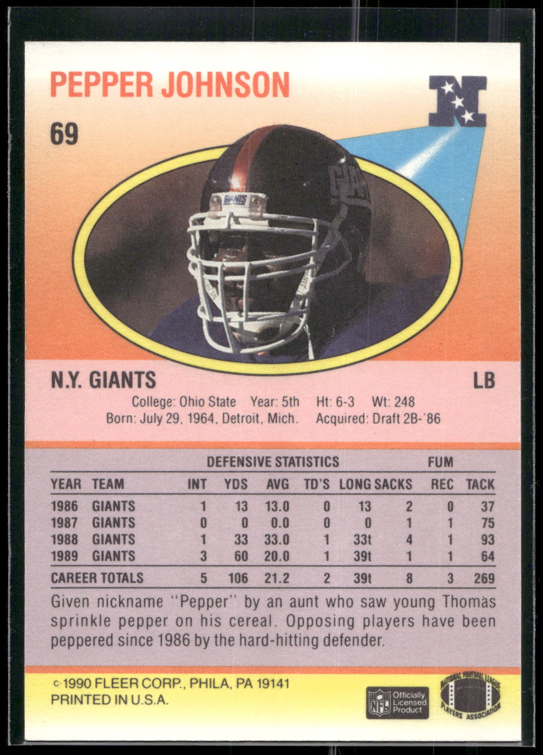 1990 Fleer #69 Pepper Johnson