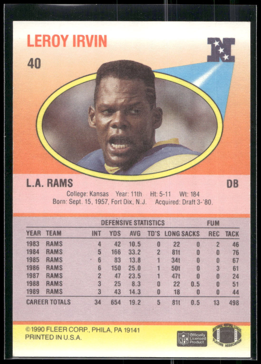 1990 Fleer #40 LeRoy Irvin