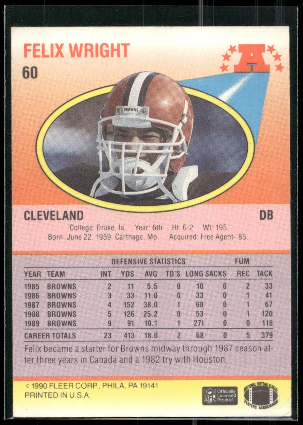 1990 Fleer #60b Felix Wright