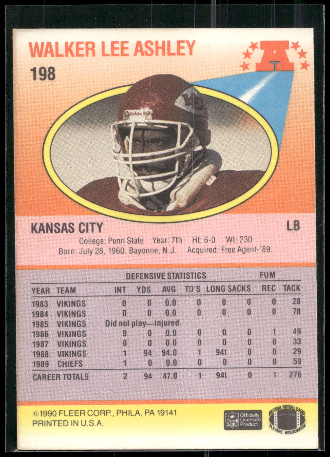 1990 Fleer #198b Walker Lee Ashley