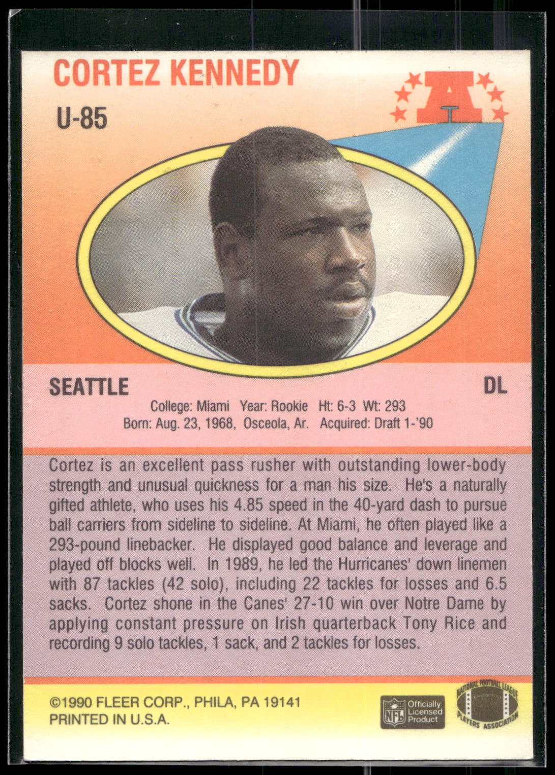 1990 Fleer Update #U-85 Cortez Kennedy