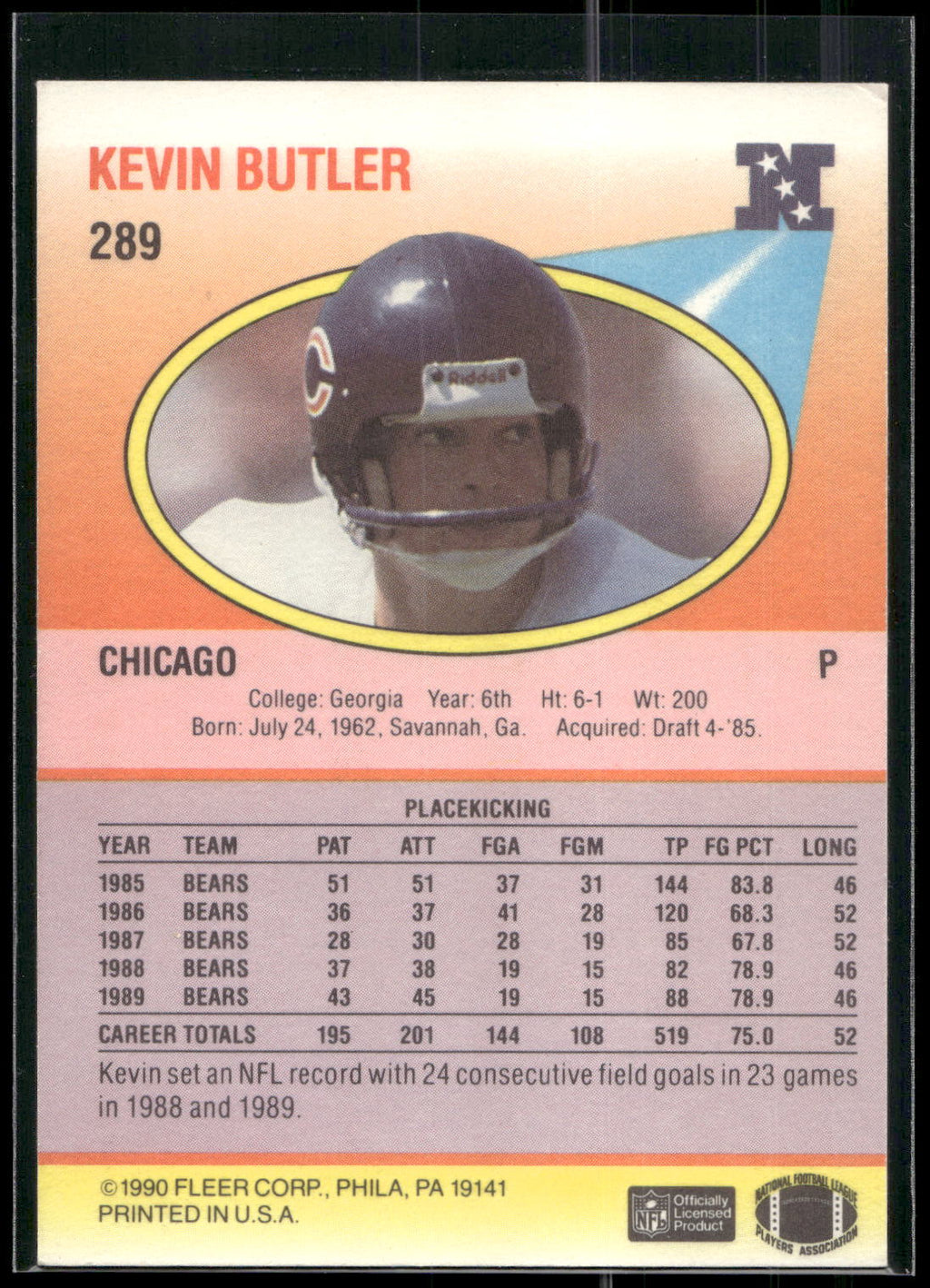 1990 Fleer #289a Kevin Butler