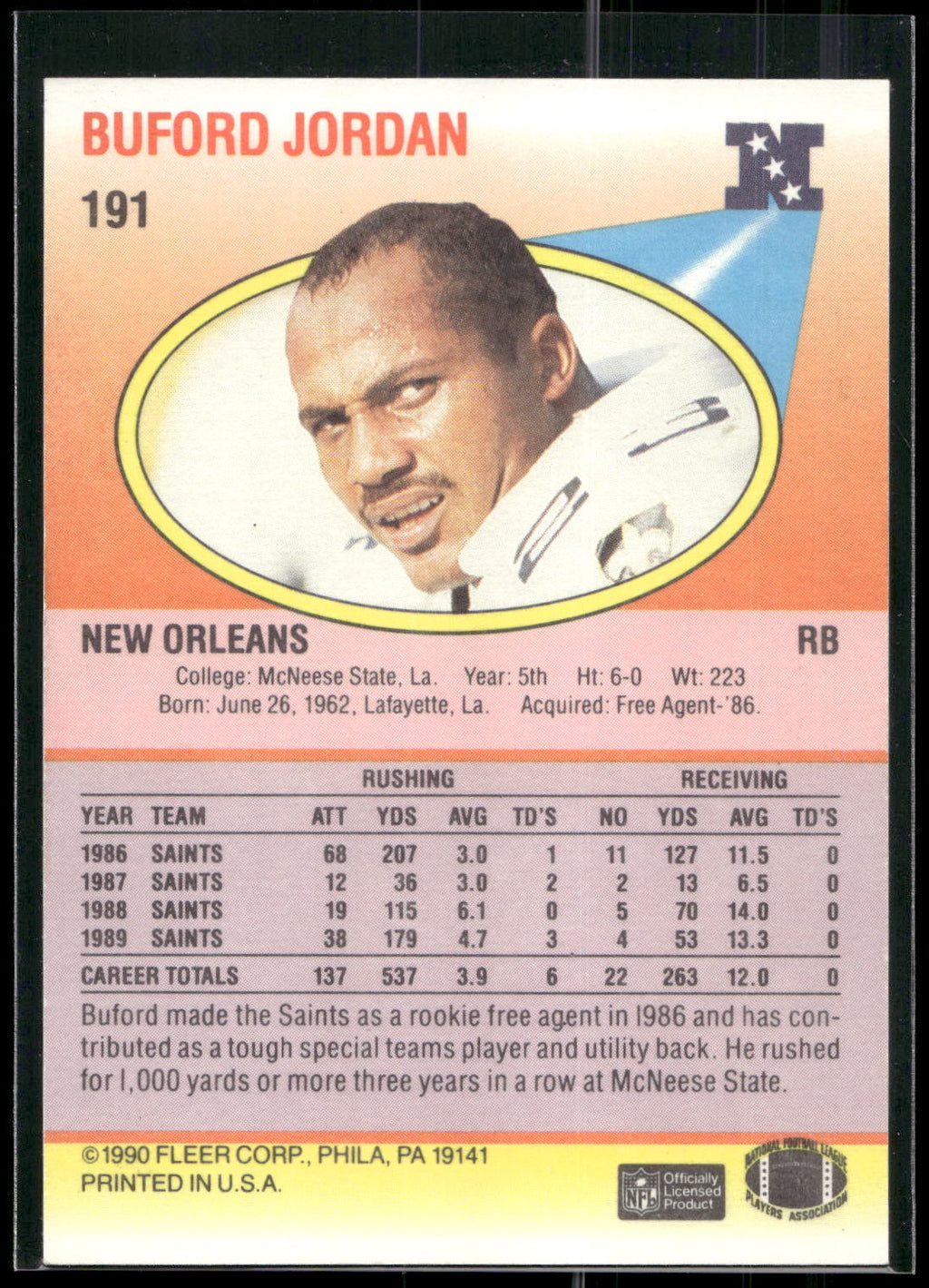 1990 Fleer #191 Buford Jordan