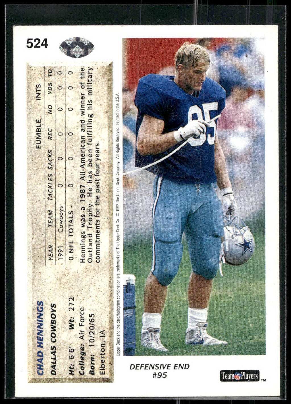 1992 Upper Deck #524 Chad Hennings