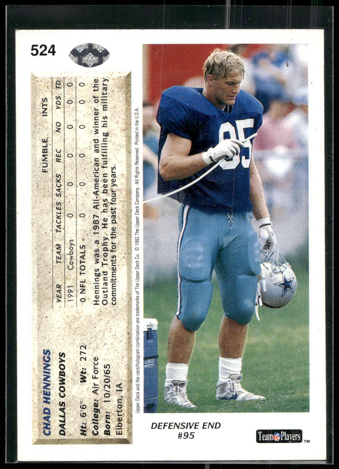 1992 Upper Deck #524 Chad Hennings