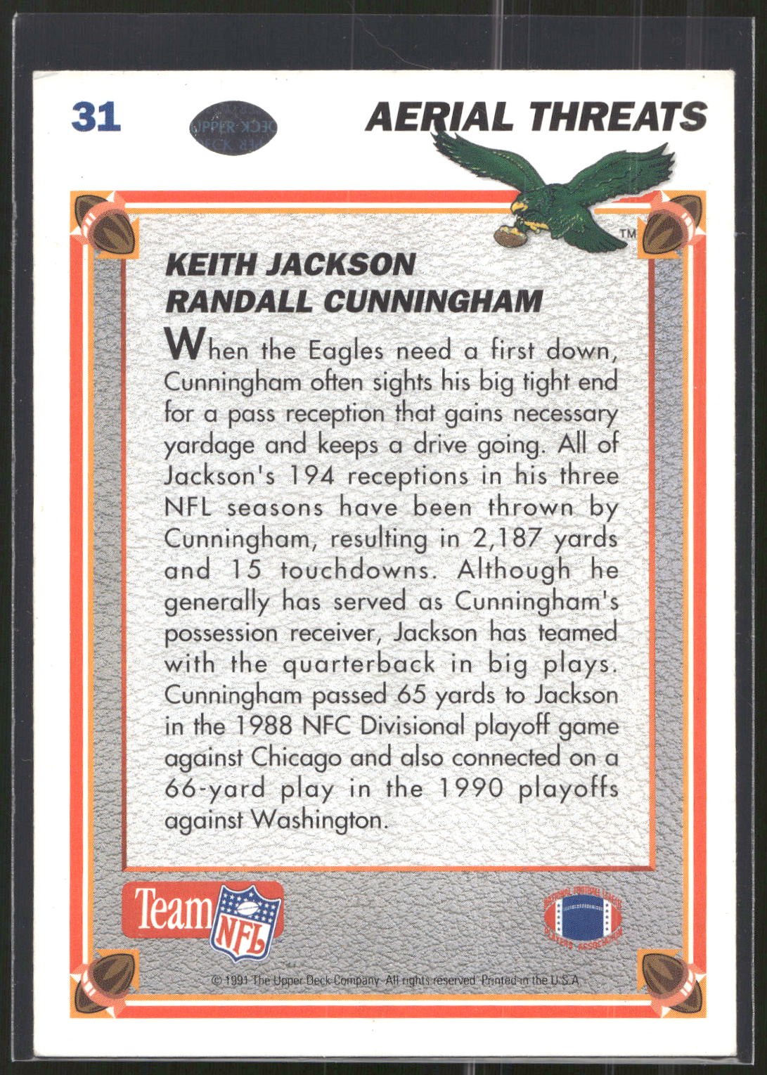 1991 Upper Deck #31c Randall Cunningham / Keith Jackson