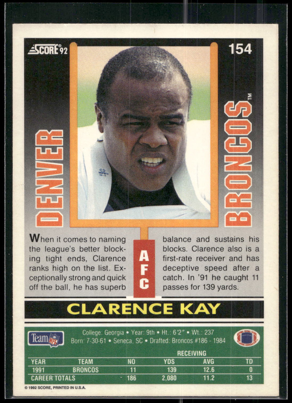 1992 Score #154 Clarence Kay