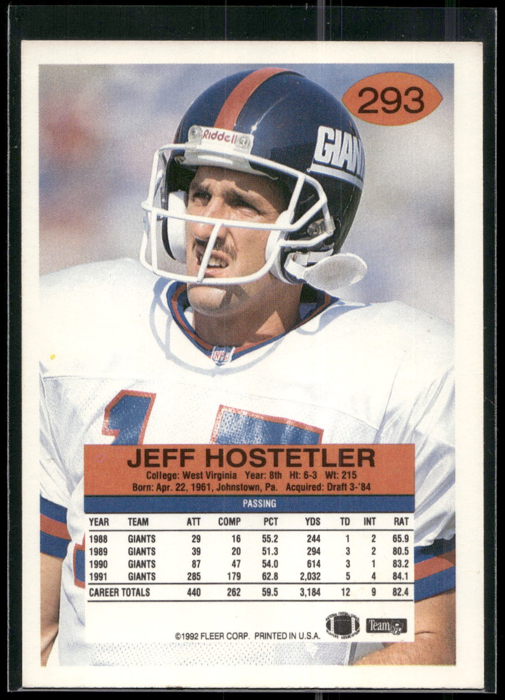 1992 Fleer #293 Jeff Hostetler