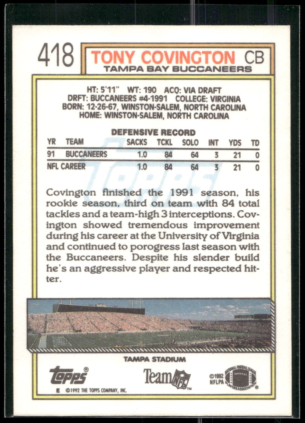 1992 Topps #418 Tony Covington