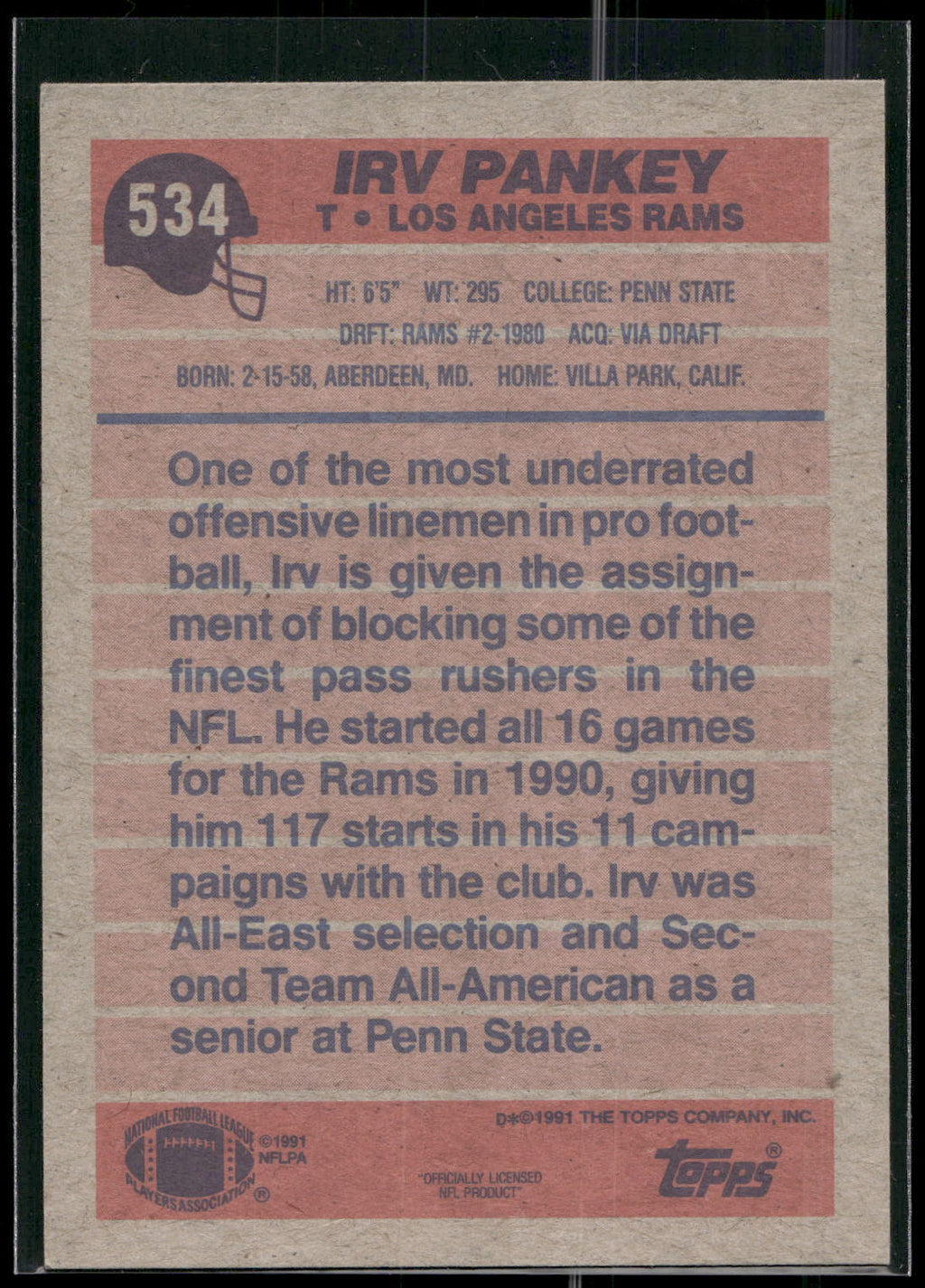 1991 Topps #534 Irv Pankey
