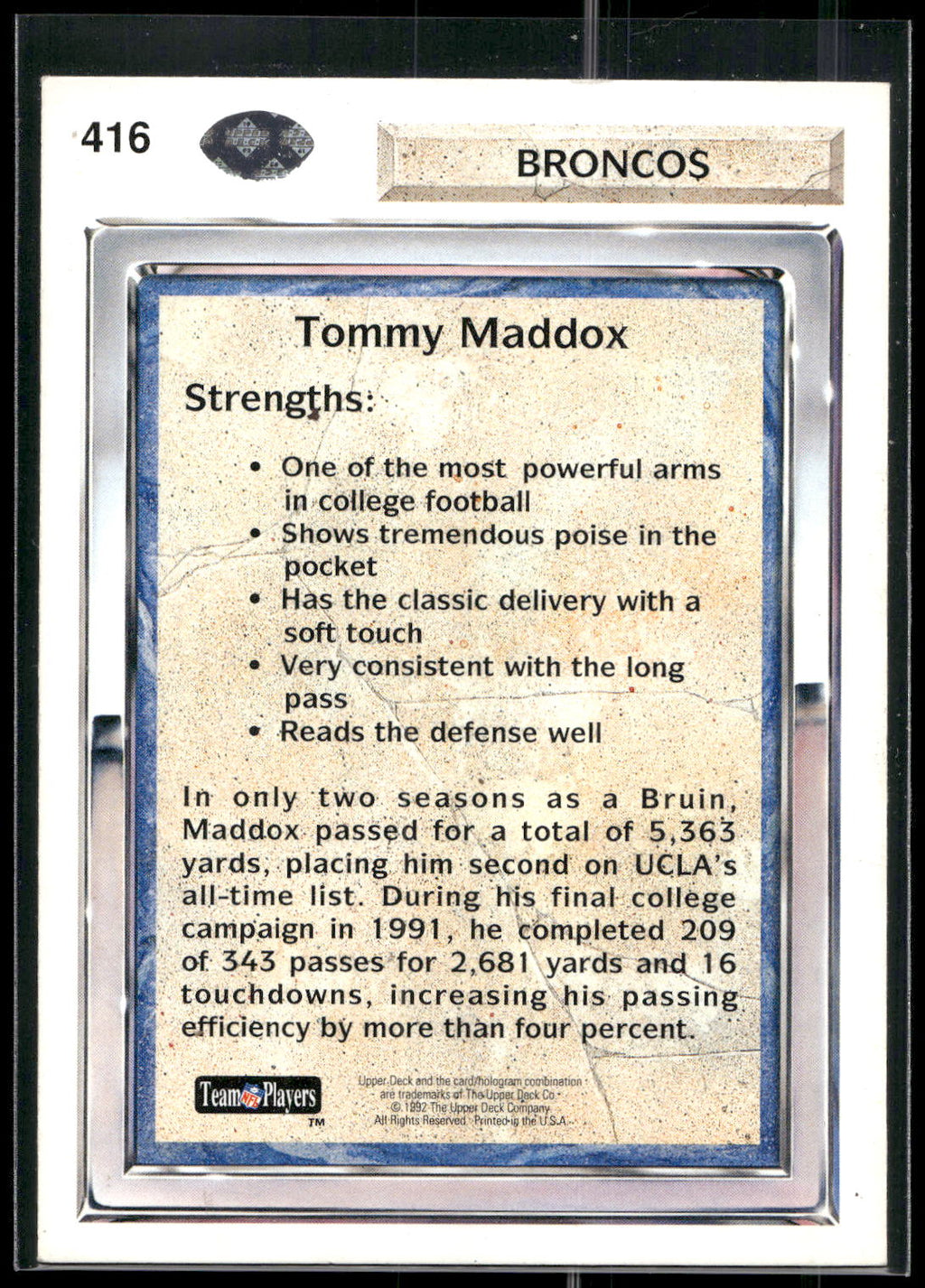 1992 Upper Deck #416 Tommy Maddox