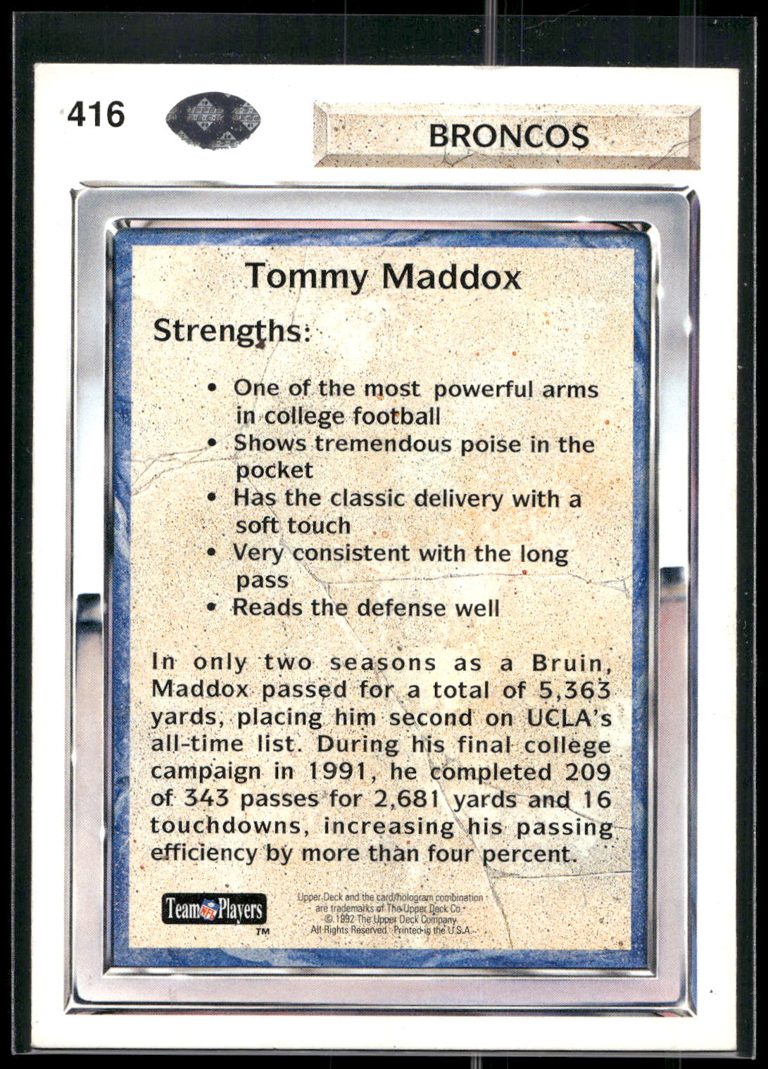 1992 Upper Deck #416 Tommy Maddox