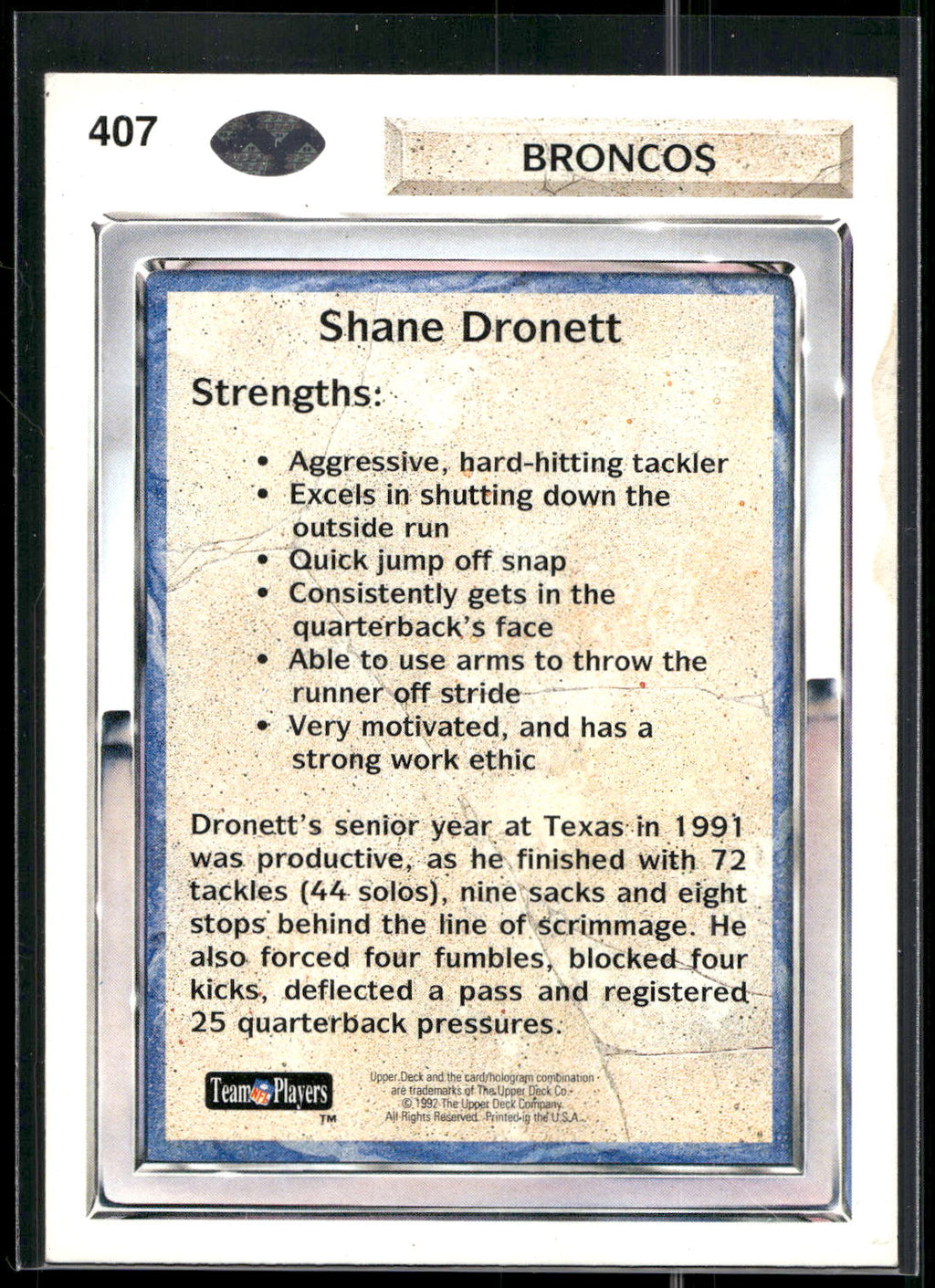 1992 Upper Deck #407 Shane Dronett