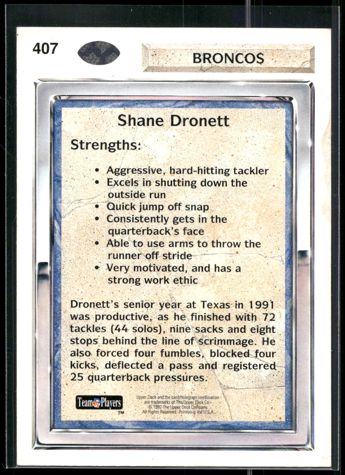 1992 Upper Deck #407 Shane Dronett
