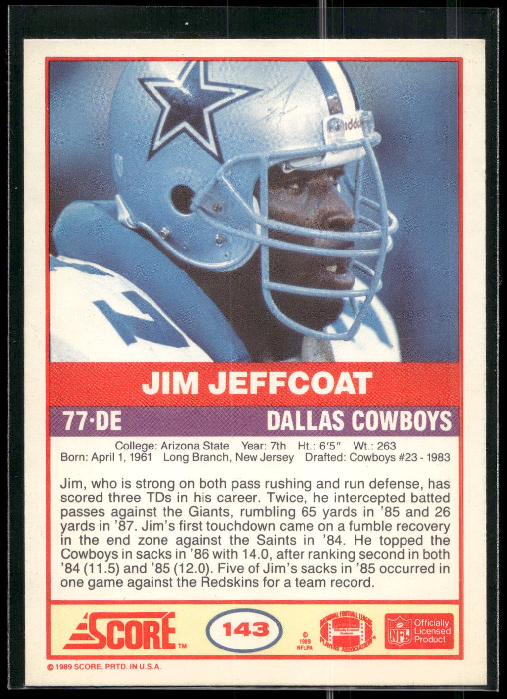1989 Score #143 Jim Jeffcoat