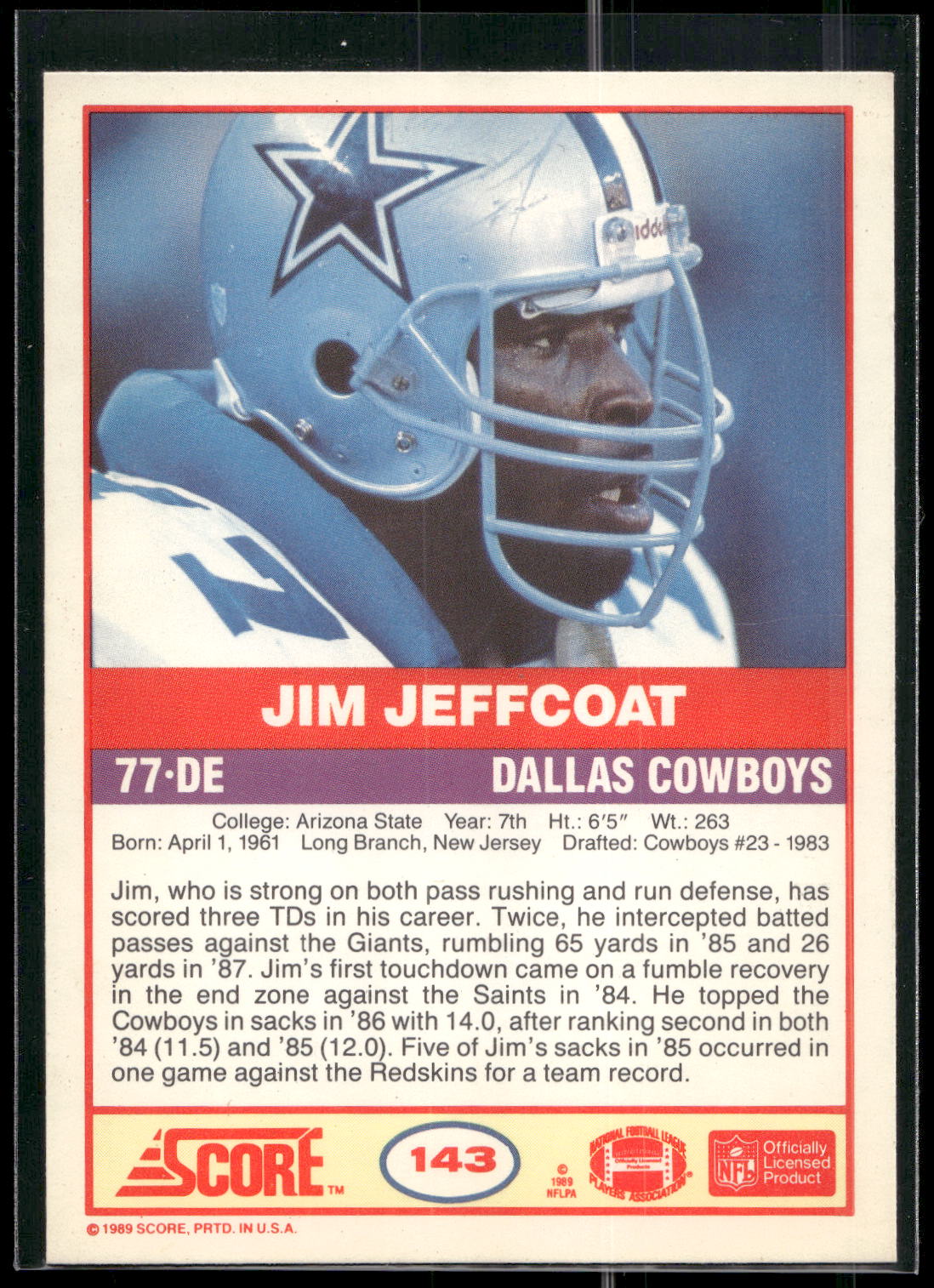 1989 Score #143 Jim Jeffcoat