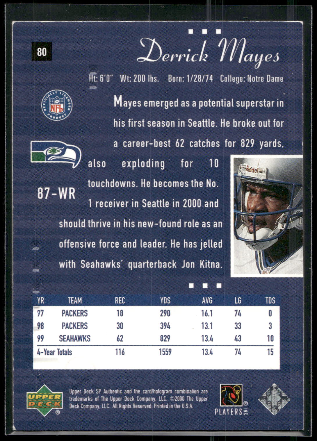 2000 SP Authentic #80 Derrick Mayes