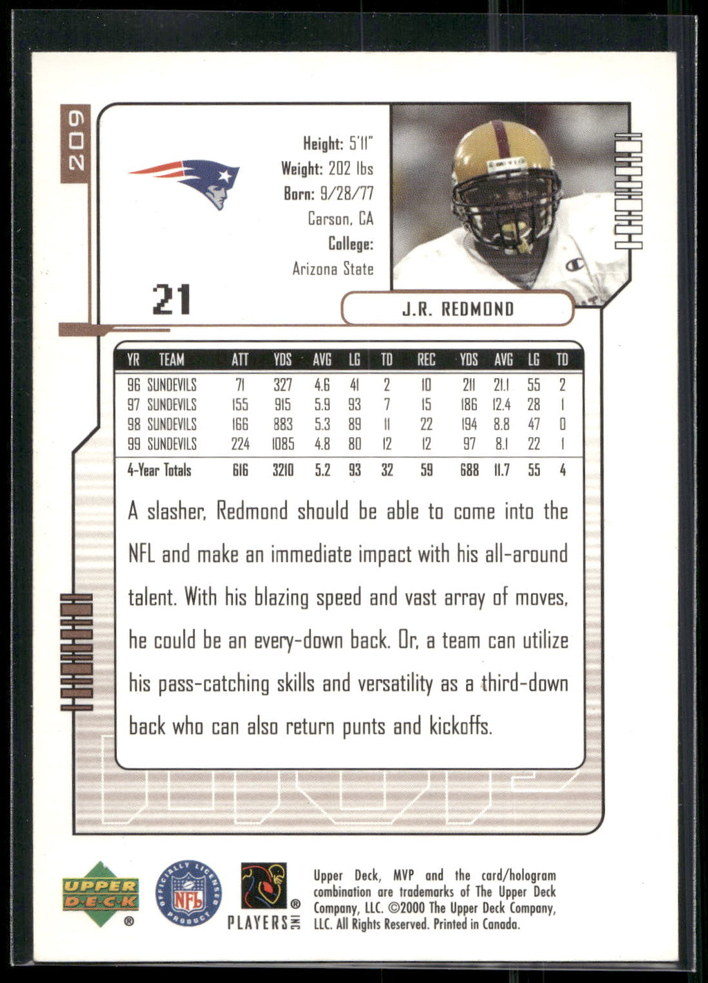 2000 Upper Deck MVP #209 J.R. Redmond
