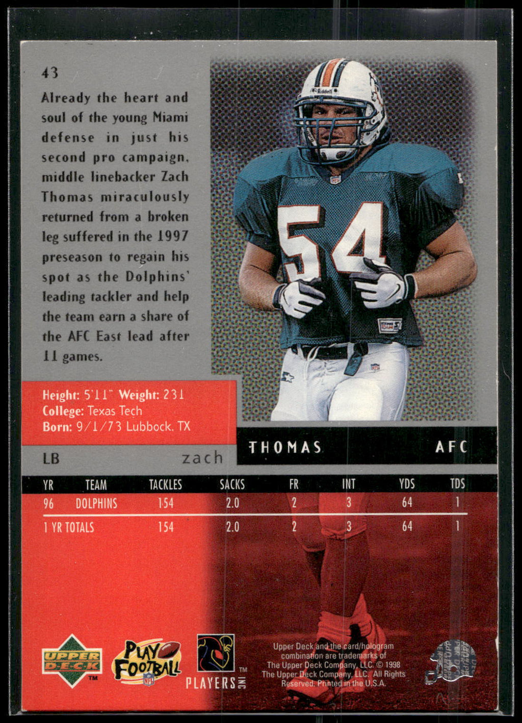 1998 Upper Deck Black Diamond #43 Zach Thomas
