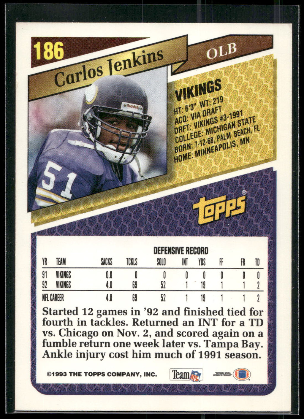 1993 Topps #186 Carlos Jenkins