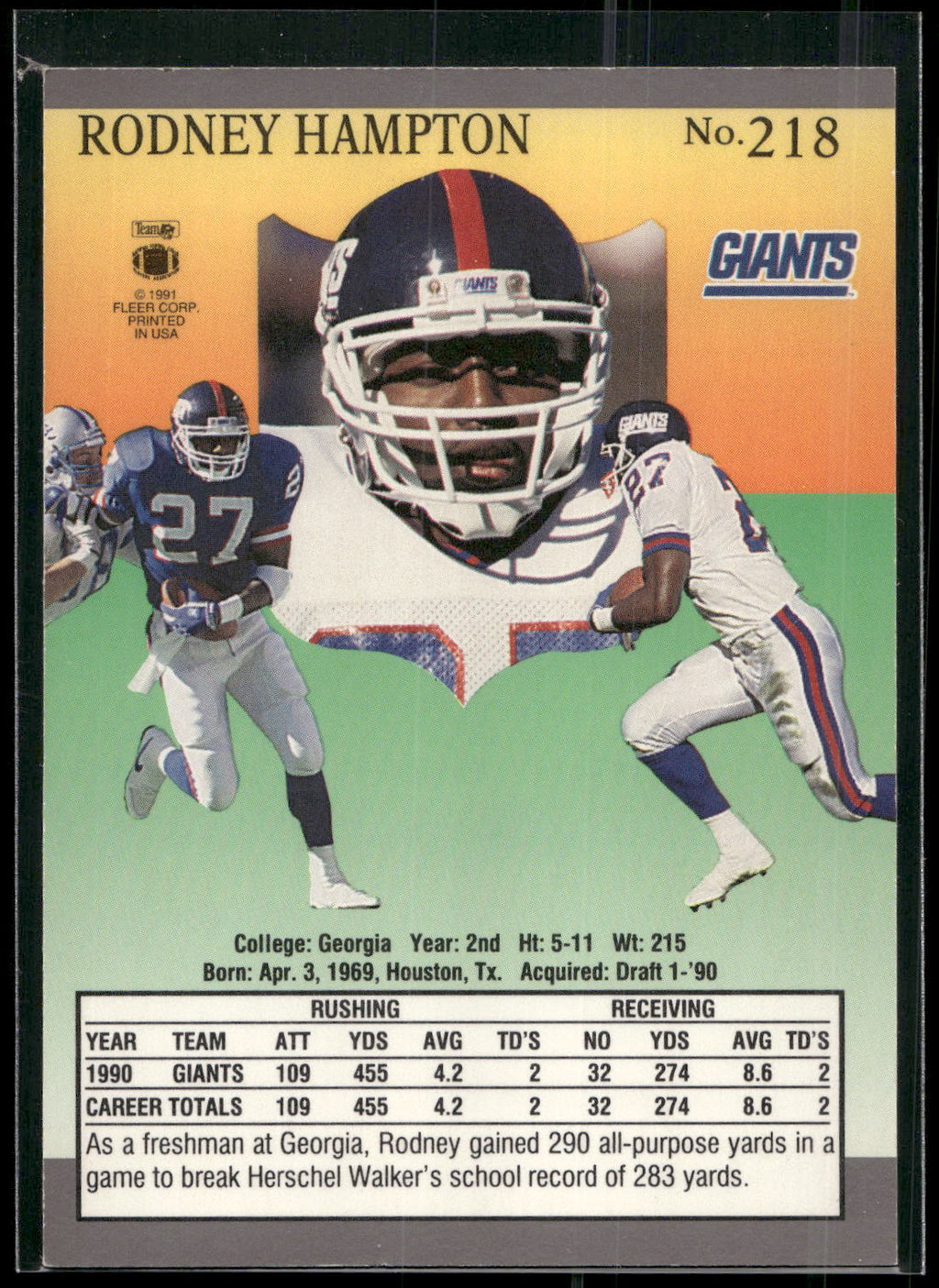 1991 Ultra #218 Rodney Hampton
