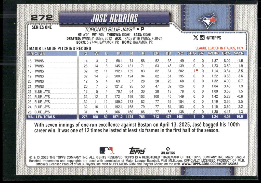 2026 Topps #272 José Berríos