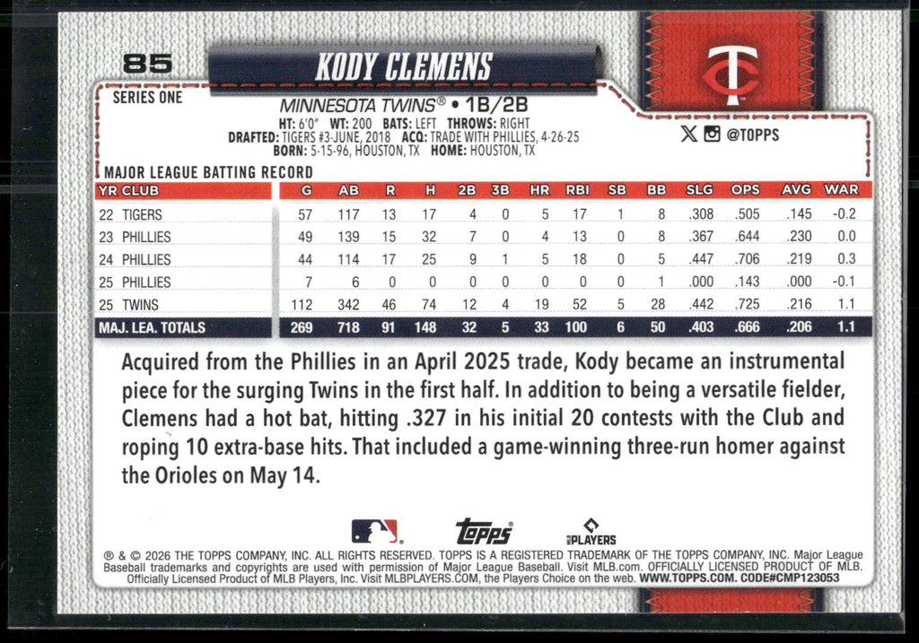 2026 Topps #85 Kody Clemens
